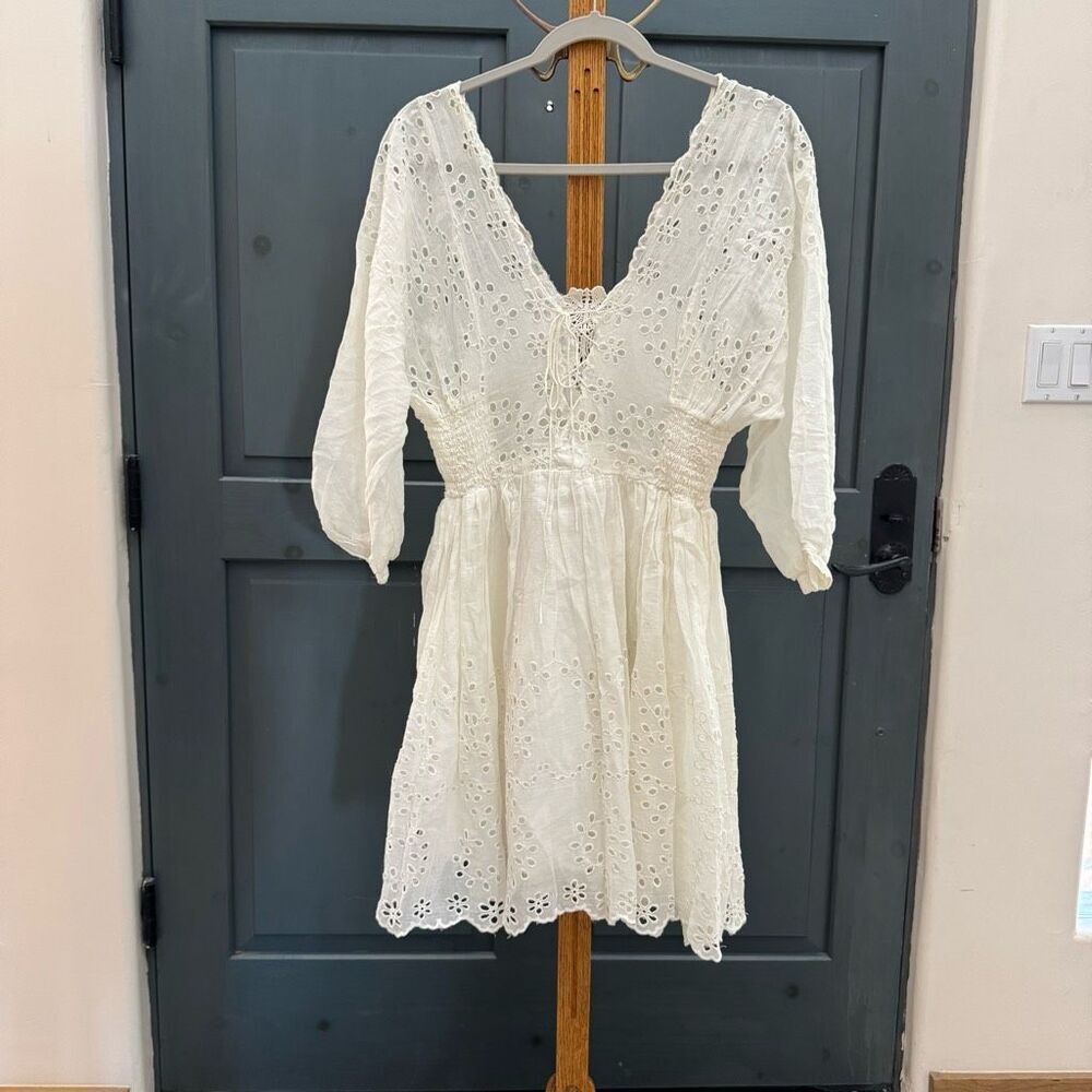 NWT Free People (M) Ivory Cotton Eyelet Puff Sleeve Mini Dress
